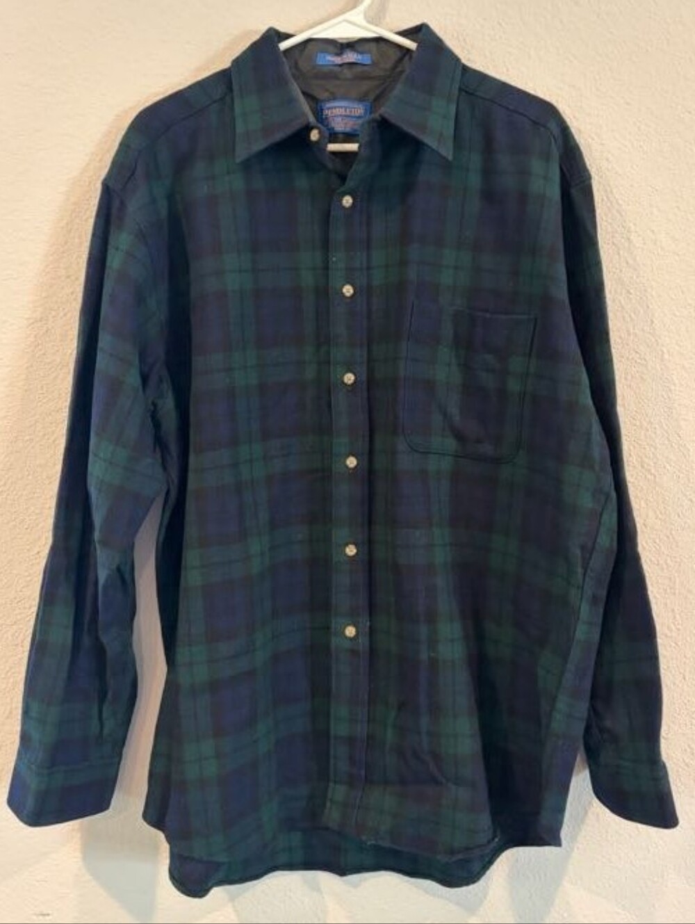 Pendleton Vintage Men 100% Pure Virgin Wool Blue Green Plaid Pocket Shirt Size L